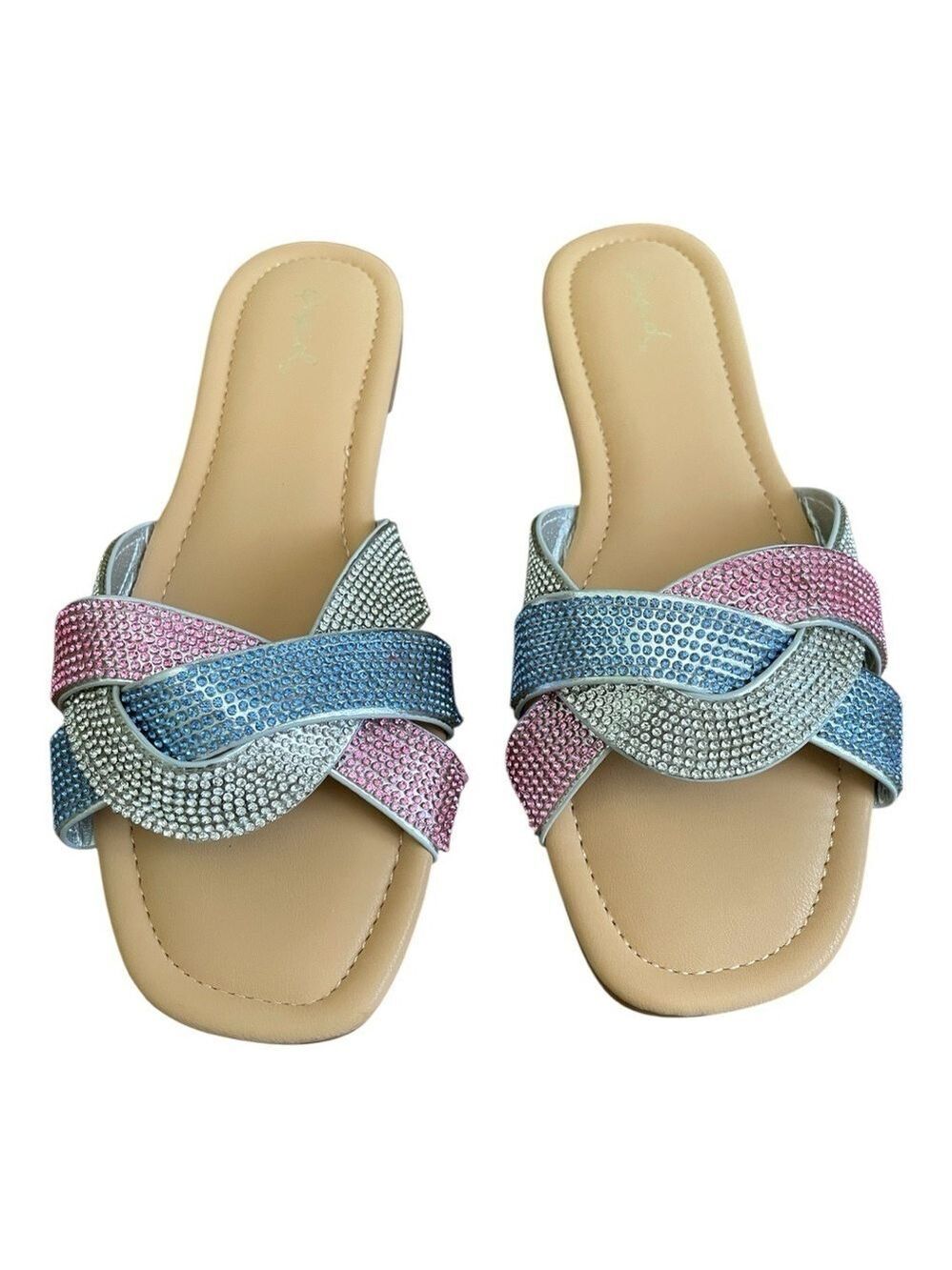 Qupid Sandals, Size 8, Pink/Blue Rhinestones, Slip-On, New with Tags.